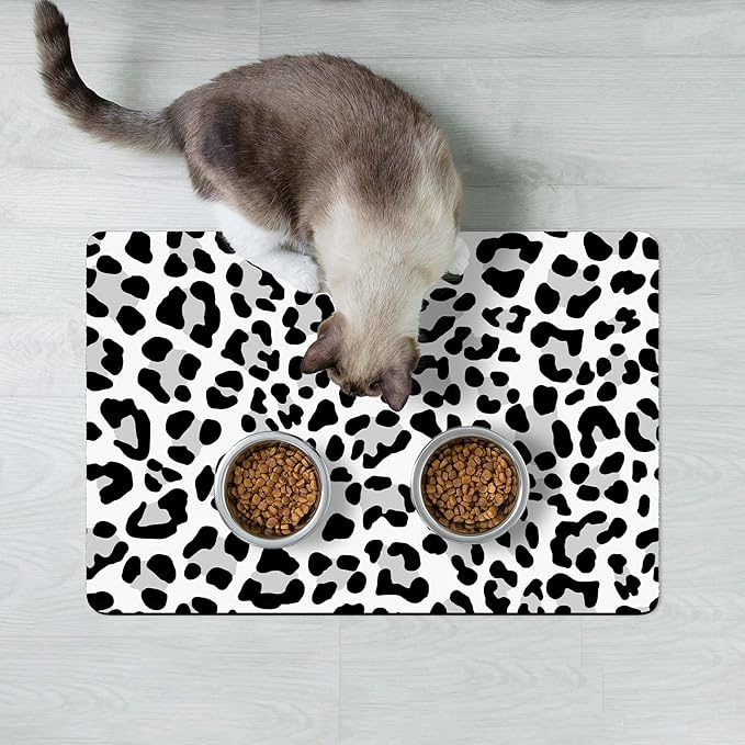 Rnivvi Dog Food Mat, 12" x 19" Leopard Absorbent Dog Cat Bowl Mat for Food and Water, Cute Anti-Slip Rubber Pet Feeding Rug Protect Floors, Puppy Placemat for Feeding & Watering Supplies, Leopard