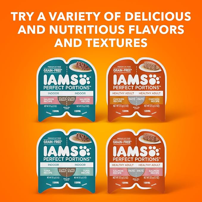 IAMS Perfect Portions Adult Wet Cat Food Cuts in Gravy, Chicken, Tuna, and Salmon Recipe Variety Pack, 2.6 oz. Easy Peel Twin-Pack Trays (24 Count, 48 Servings)
