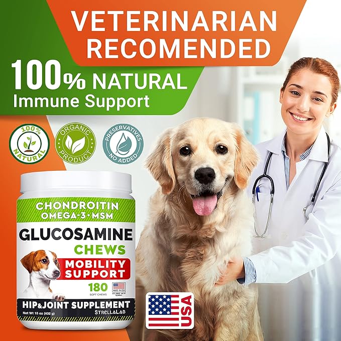 Glucosamine Treats for Dogs - Joint Supplement w/ Omega-3 Fish Oil - Chondroitin, MSM - Advanced Mobility Chews - Joint Pain Relief - Hip & Joint Care - Chicken Flavor - 180 Ct - Made in USA