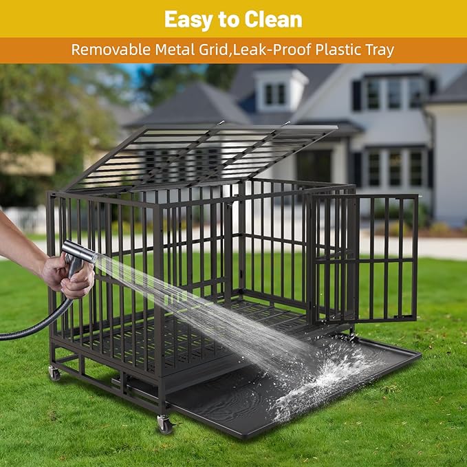 Escape-Proof Heavy Duty 38" Dog Crate, Indestructible Steel Kennel for Large & High-Anxiety Dogs with 300Lbs Capacity, Double Door Design with 4 Locking Wheels and Reinforced Baseplate.