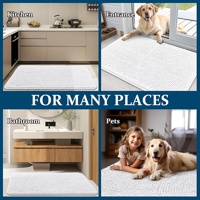 OLANLY Dog Door Mat for Muddy Paws 40x32, Absorbs Moisture and Dirt, Absorbent Non-Slip Washable Doormat, Quick Dry Chenille Mud Mat for Dogs, Entry Indoor Entryway Carpet for Inside Floor, White