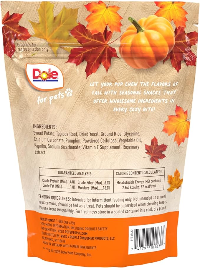 Dole for Pets Dog Chews, Pup-kin Spice Flavor Dog Treats - Pumpkin Flavored with Real Fruits, No Wheat, Corn, Soy, Artificial Flavors, Colors, or Preservatives, 7.5 Ounce