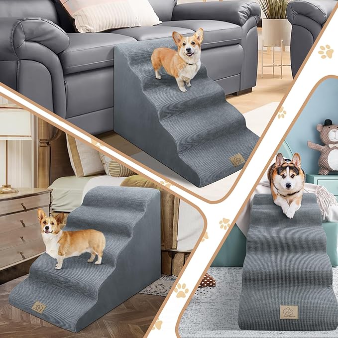 Mestuel Dogs Stairs for High Bed, 23in Foam Dog Stairs Steps for Large Dogs, Large Pet Stairs, 5 Steps Dog Ramp to High Couch Sofa Bed Indoor with Gentle Slope& Nonslip Bottom, Gray