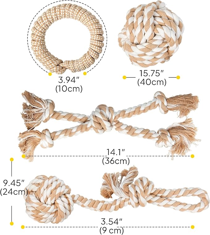 PetiFine Chew Toys for Dogs 4 Pack, Dog Rope Toy for Aggressive Chewers, Interactive Rope Ball Natural Cotton, Dog Tug of War Toy for Teeth Cleaning