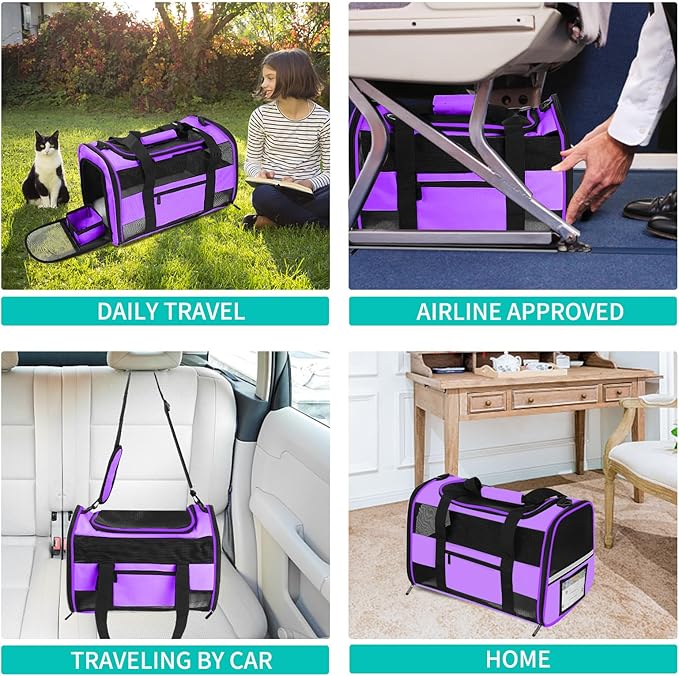 Airline Approved Cat Carrier Dog Carriers for Small Dogs Under 15 Lbs, Collapsible Soft Sided Travel Carriers for Puppy Kitten, Purple