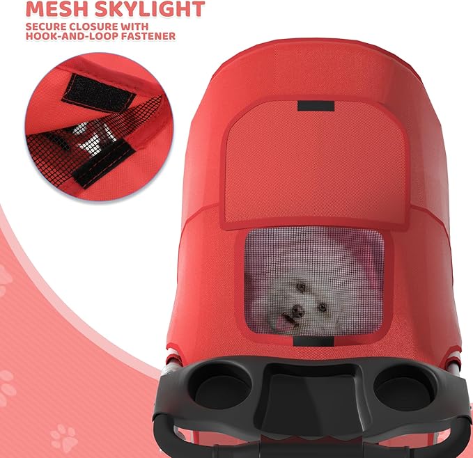 Magshion 3-Wheel Pet Stroller, Foldable Travel Jogger for Small & Medium Dogs & Cats (Up to 33lbs), Lightweight Carrier with Breathable Mesh Cover, Cup Holder & Storage Basket, Red
