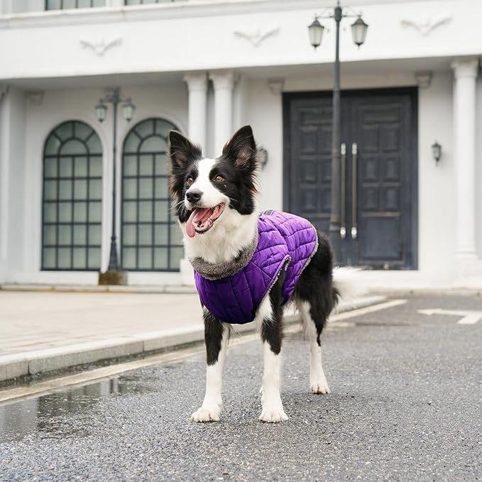 Warm Fleece Dog Coats with Durable Harness Buitl in D-Ring,Waterproof Doggie Jacket for Large Dogs,Dog Vest for Cold Winter,Purple XXL
