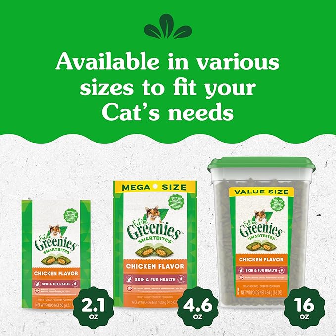 Greenies Feline Smartbites Skin & Fur Health Crunchy and Soft Cat Treats, Chicken Flavor, 16 oz. Tub