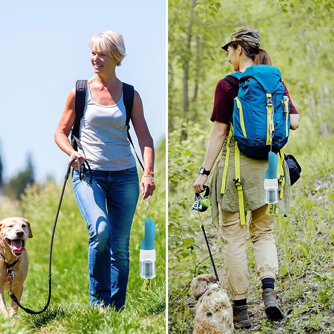 20oz Dog Water Bottle with Food Container & Poop Bag Dispenser | Leak-Proof Portable Pet Water Dispenser with Carabiner Clip | for Walking, Hiking, Travel (Dark Blue, 20oz)