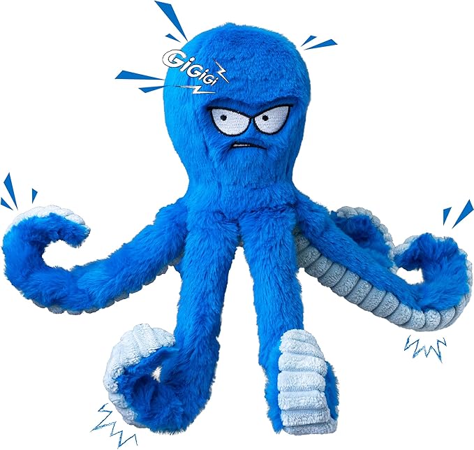 LEGEND SANDY Tough Dog Toys, Stuffed Chew Large Dog Toys to Keep Them Busy, Interactive Squeaky Tug of War Doggie Toy, Crinkle Blue Octopus