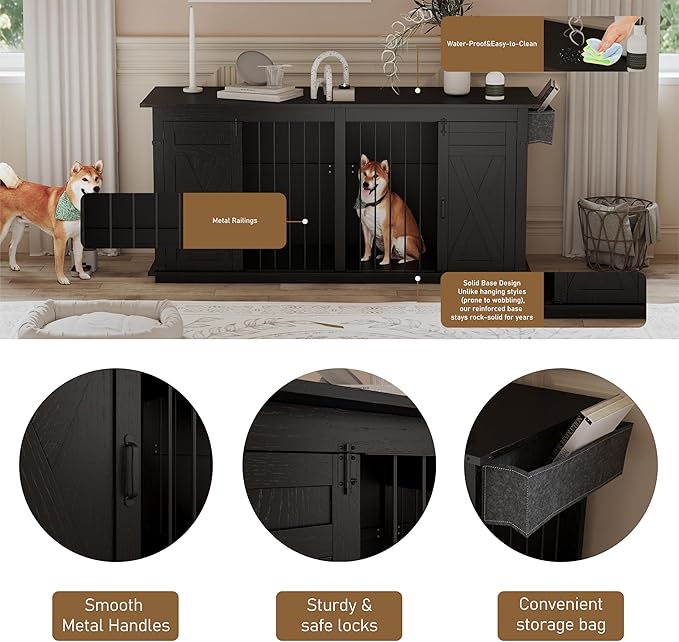 78.8" Double Dog Crate Furniture with Sliding Barn Doors, 4 Storage Spaces, Extra Large Indoor Pet Kennel for 2 Dog, Farmhouse Style Cage (Advanced Black)
