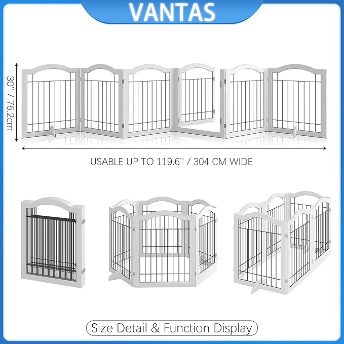Vantas Folding No-Assembly Dog Door Pet Gate 144" Wide, 30" Tall Wooden Dog Gate with Door Walk Through, Freestanding Wire Pet Gate, Pet Puppy Safety Fence, with 2PCS Support – White