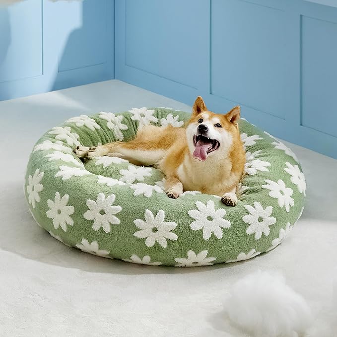 LE SURE Donut Large Dog Bed - Round Cat Beds for Indoor Anti-Anxiety Calming Pet Beds, Washable Cute Modern Beds with Jacquard Shaggy Plush & Anti Slip Bottom, 36 Inch, Green