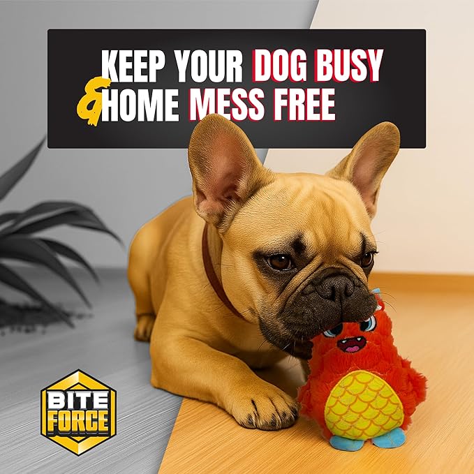 Bite Force - Durable & Strong Dog Toy Orange Monster with Squeaker, Kevlar-Reinforced for Aggressive Chewers.