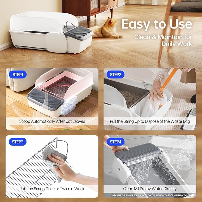 Self Cleaning Litter Box, Automatic Cat Litter Box with APP Control, Odor-Free Waste Disposal Includes Trash Bags, Large Waste Bin, Open-Top, for Multiple Cats