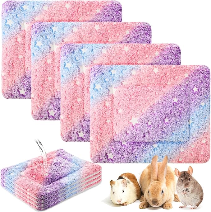 Haull 4 Pcs Waterproof Guinea Pig Bedding Winter Guinea Pig Bed Plush Cage Liners Soft Dog Cat Mat Reversible Winter Cozy Animal Pee Pad Hamster Bed Mat for Bunny(Colorful Star,13 x 10 Inch)
