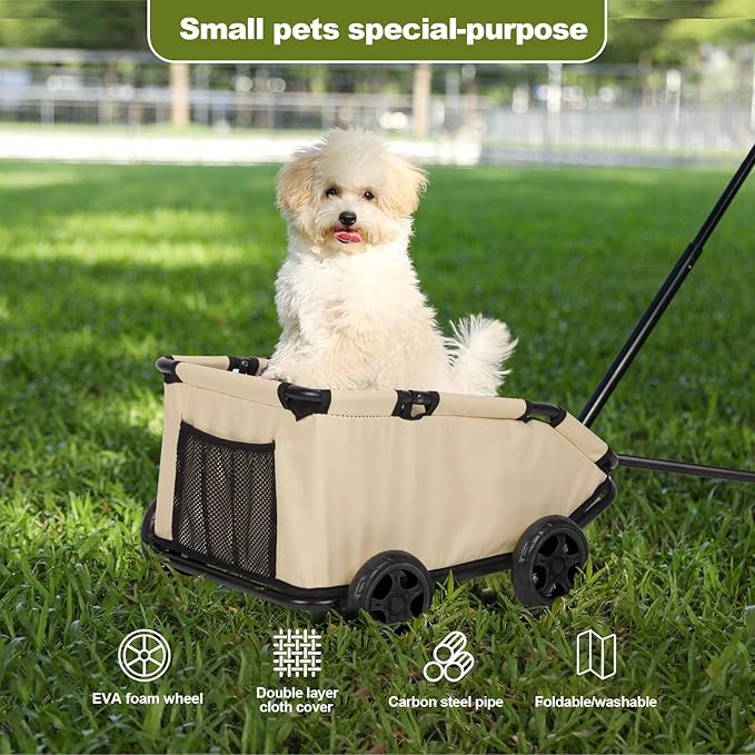 Dog Stroller 4 Wheels Folding Dog Cart Pet Stroller for Travelling Shopping Walking Playing for Small Dogs Cats (Khaki)