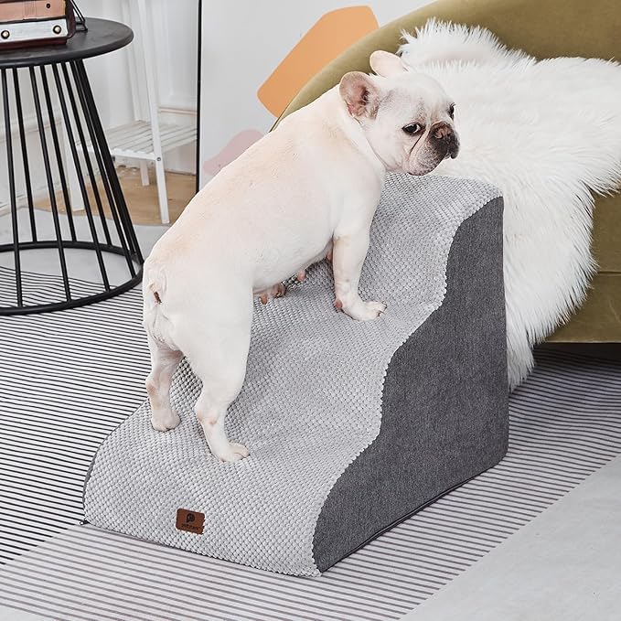 Pettycare Dog Stairs Ramp for High Beds and Couch,Curved Dog Steps for Small Pets, Pet Stairs Non-Slip Balanced Portable Puppy Ramp Indoor, 3 Steps,Grey
