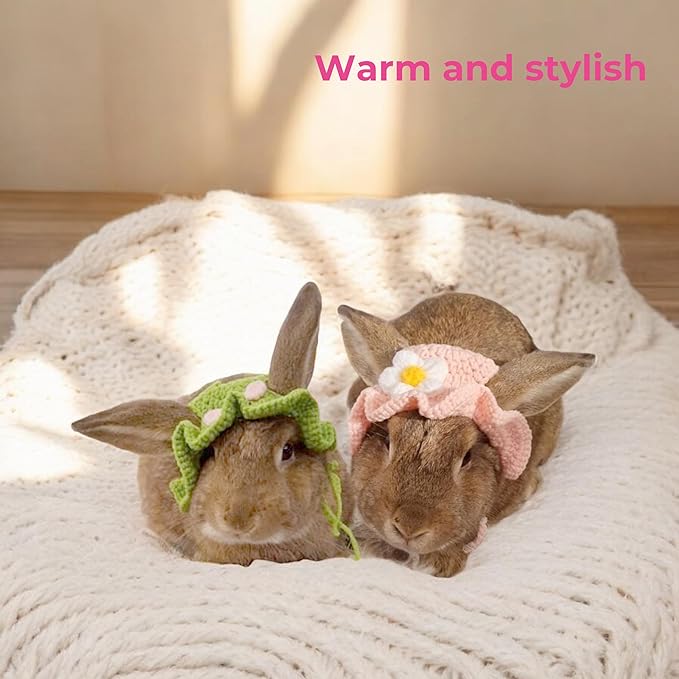 2Pcs Cute Knitted Rabbit Hat, Funny Bunny Hats for Pet Rabbits Large Guinea Pig Small Dog Cat Pet Bunny Costume for Birthday Party Christmas Halloween Easter Travel Accessories (Frog and Flower)