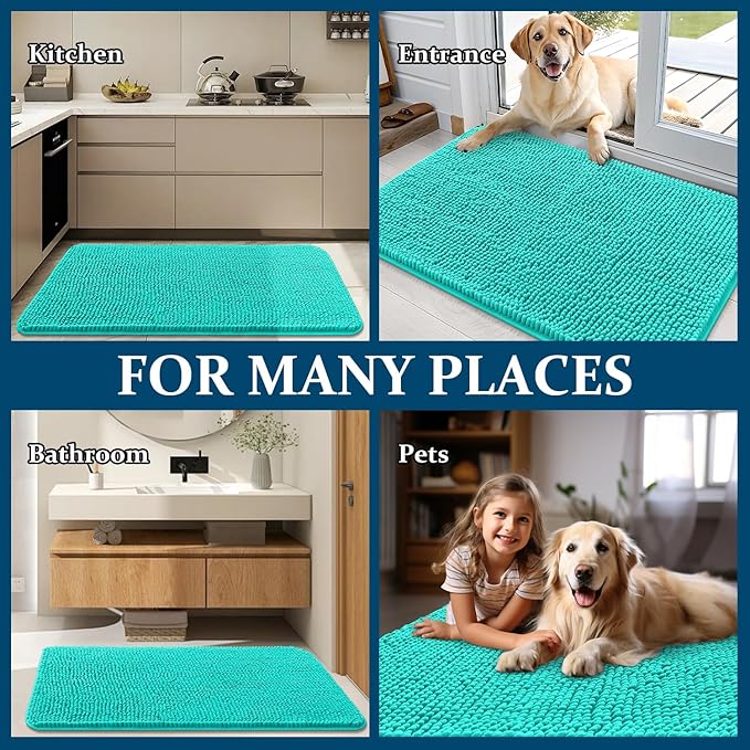 OLANLY Dog Door Mat for Muddy Paws 40x32, Absorbs Moisture and Dirt, Absorbent Non-Slip Washable Doormat, Quick Dry Chenille Mud Mat for Dogs, Entry Indoor Entryway Carpet for Inside Floor, Teal