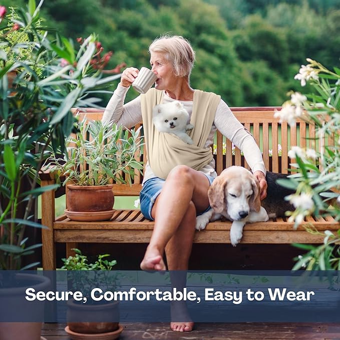 Dog Carriers for Small Dogs, Front Facing Dog Sling Carrier, Hands Free Cat Carrier, Size Adjustable, Reducing Back Pain, Premium Cotton, Safe and Soft Dog Carrier (Plus, Beige)