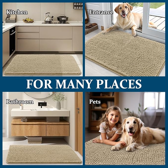 OLANLY Dog Door Mat for Muddy Paws 24x16, Absorbs Moisture and Dirt, Absorbent Non-Slip Washable Doormat, Quick Dry Chenille Mud Mat for Dogs, Entry Indoor Entryway Carpet for Inside Floor, Beige