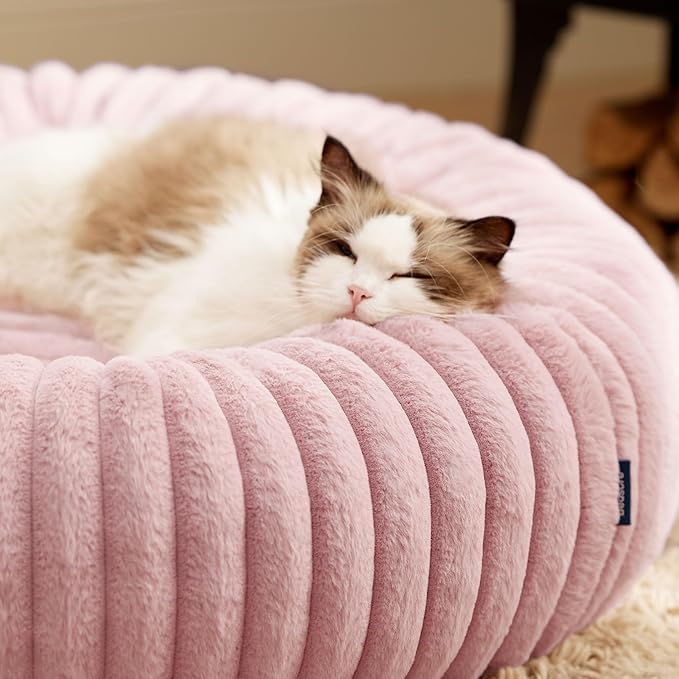 Bedsure Cat beds for Indoor Cats - Donut Dog Beds for Small Dogs with Corduroy Fleece & Anti Slip Bottom, Faux Fur Pet Beds with Washable Removable Cover, Blush Pink, 20x20x6 inches