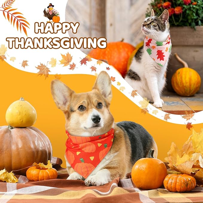 Sweetude 50 Pieces Thanksgiving Fall Dog Bandanas Bulk Pumpkin Maple Leaves Autumn Plaid Bandanas for Dogs Soft Bibs Triangle Scarves for Small Medium Large Pets Costume(31.5 x 21.7 x 21.7 Inch)