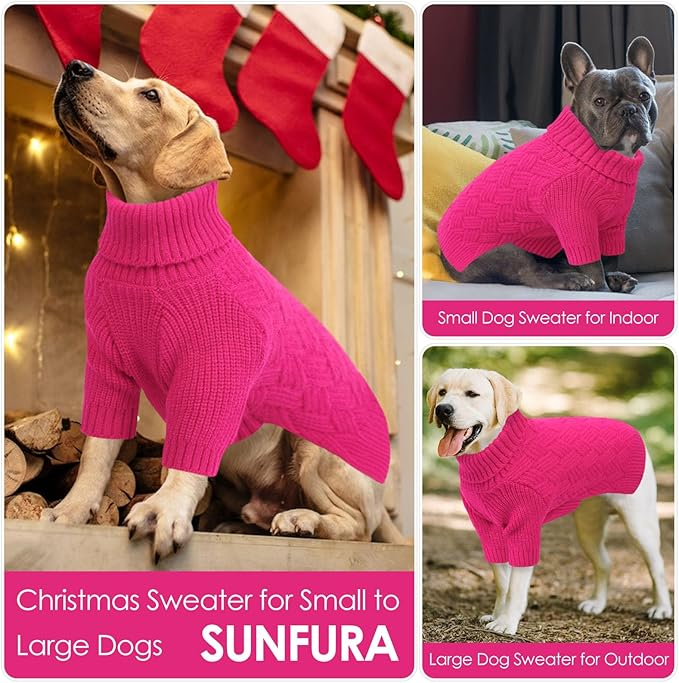 SUNFURA Dog Sweater, Christmas Sweaters for Large Dogs, Solid Color Dog Pullover for Fall Winter, Warm Sweatshirt Knit Turtleneck for Corgi, French Bulldog, Hot Pink L