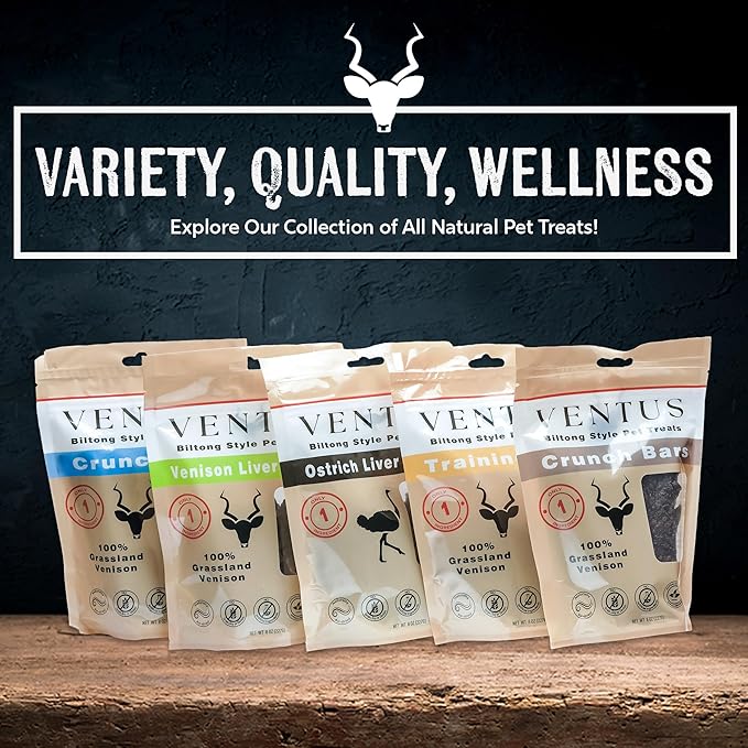 VENTUS Dog Training Treats - Single Ingredient Venison Jerky Liver Treats, All Natural, Air Dried, Low Fat, High Value Training Treats for Dogs, Organic, 8 oz