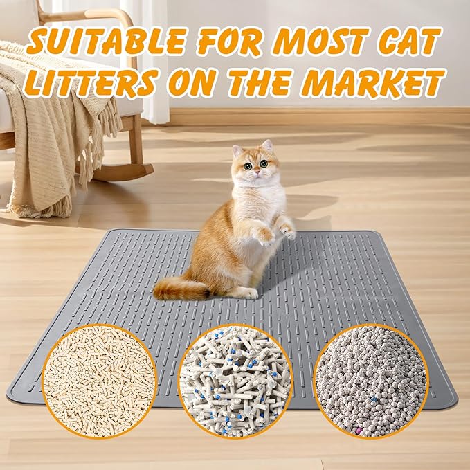 Silicone Cat Litter Mat, 28x20 in Waterproof Litter Box Mat Cats Feeding Mats with Raised Edges, Quick Clean Desig (Grey)