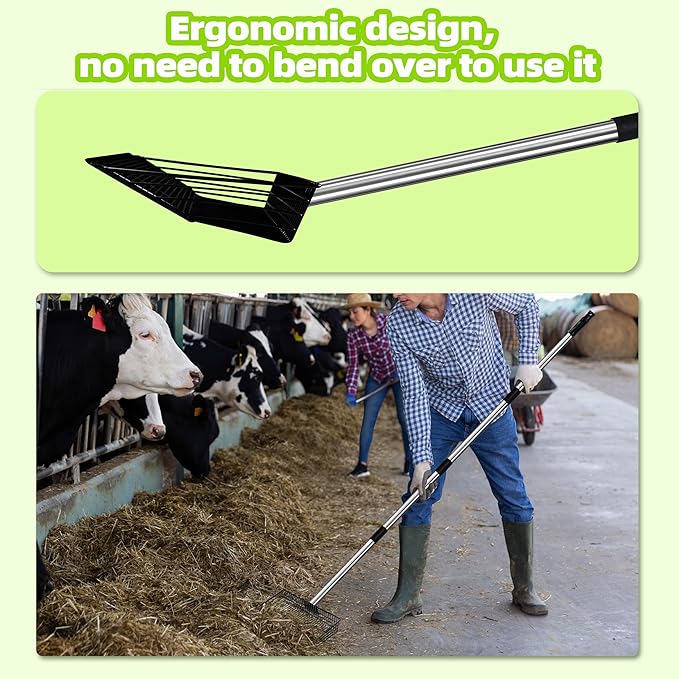 Jusoney 10" Upgrade and Reinforcement Stainless Steel Manure Scoop w/4-in-1 Adjustable Handle (36.6"-62"), Ergonomic Sifter Shovel for Chicken Coop, Cat Litter, Pet Waste Cleaning Tools
