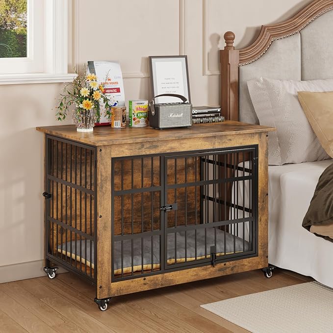 38.5" Dog Crate Furniture with Cushion and Wheels, Wooden Dog Kennel Indoor for Medium/Large Dogs, Farmhouse Pet Cage for Anxiety Dog, Rustic Brown (38.5" L x 25.5" W x 29" H)