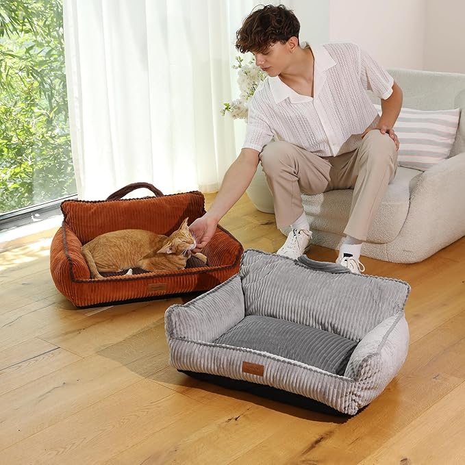 FUKUMARU Cat Couch Bed, Fluffy Corduroy Cat Beds for Indoor Cats with Washable Cover, Waterproof Small Dog Sofa Beds with Portable Handle and Anti-Slip Bottom, Pet Beds & Furniture 28inch, Grey