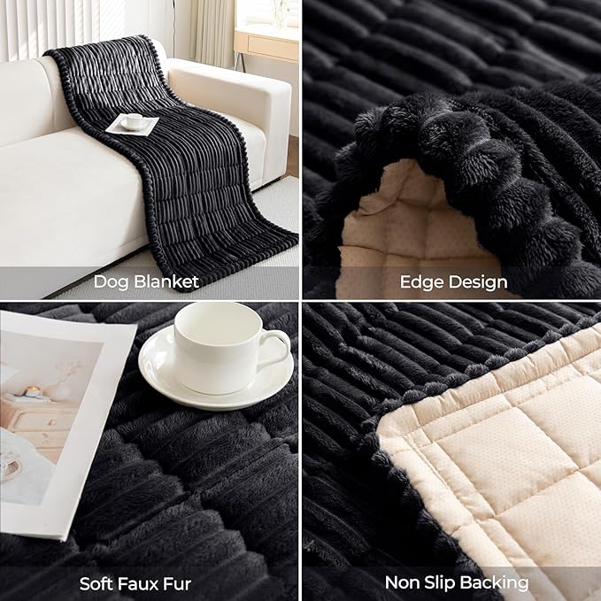 Faux Fur Plush Dog Couch Cover 3D Stripe Fuzzy Sofa Cover Non-Slip Fluffy Dog Bed Cover Pet Blanket Sofa Couch Furniture Protector for Puppy Large Dog Cat (Black,28"x47")