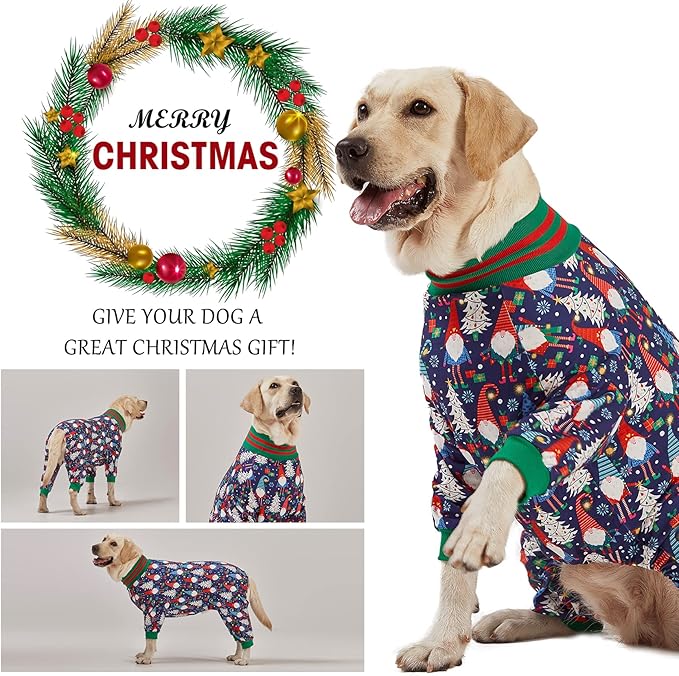 LovinPet Large Dog Christmas Pajamas - Dog Christmas Outfit Xmas Holiday Costume, Lightweight Pullover, A Gnome to FA La Navy Prints Large Dog PJ's Pitbull Clothes, Dog Onesie, Christmas Outfit Large