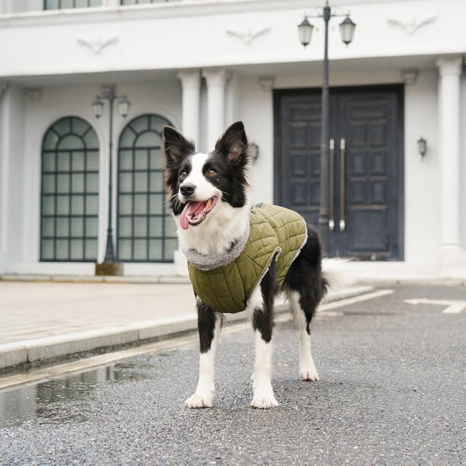 Warm Fleece Dog Coats with Durable Harness Buitl in D-Ring,Waterproof Doggie Jacket for Medium Dogs,Dog Vest for Cold Winter,Green XL