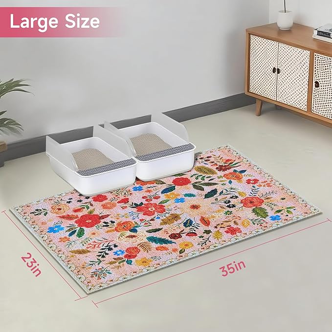 Cat Litter Mat, 35" x 23" Litter Box mat, Upgrade Non-Slip Kitty Litter mat, Traps 100% Litter, Soft on Kitty Paws, Easy Clean for Scatter Control, Bohe cat Food mat, Urine Waterproof