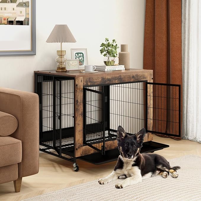 Giantex Dog Crate Furniture with Wheels, 38” Modern Dog Cage with 3 Doors, Flip Top Lid, Removable Pull-Out Tray, Decorative Dog Kennel Indoor Pet House End Table for Medium & Large Dogs (Brown)