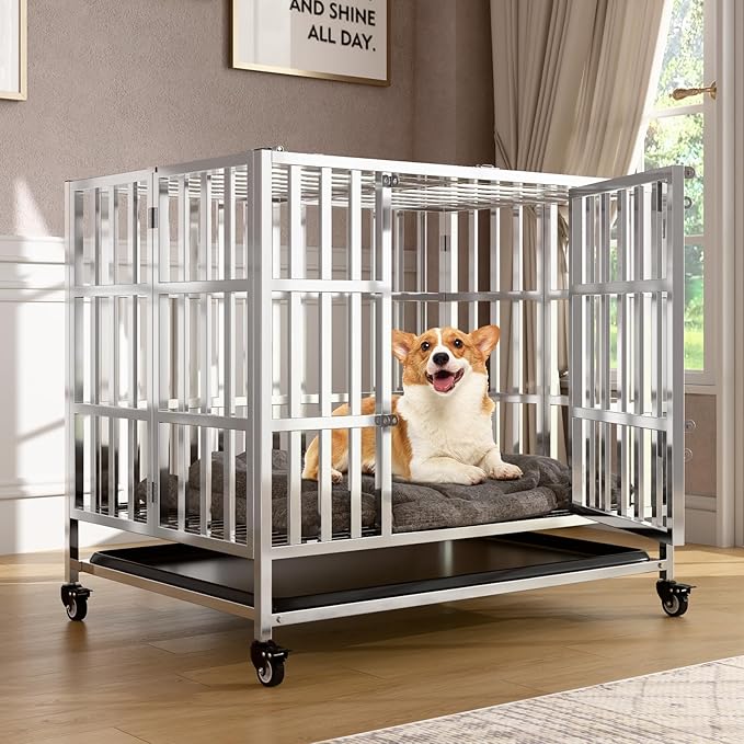 37" Heavy Duty Dog Crates for Large Dogs, Upgraded 4 Lockable Wheels, Stainless Steel Kennel Dog Kennel Indoor, Max Load 300Lbs, Easy to Clean, Escape Proof, XL Dog Cage for High Anxiety Dogs