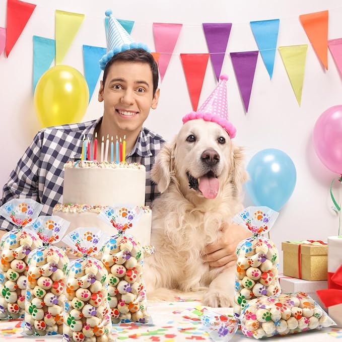 Blulu 100 Pieces Dog Treat Bags Puppy Party Favor Pet Paw Cone Cellophane Bags Candy Heat SealableDog Paw Gift with 100 Pieces Silver Twist Ties for Pet Cat Treat Party Favor(Colorful)