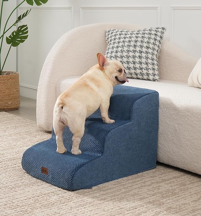 Made4Pets Dog Stairs Ramp for Small Dogs, 3-Step Dog Steps for Bed Couch Sofa and Chair, 35D Foam Pet Steps for Small Dogs and Cats, Non-Slip Bottom Pet Stairs, Navy