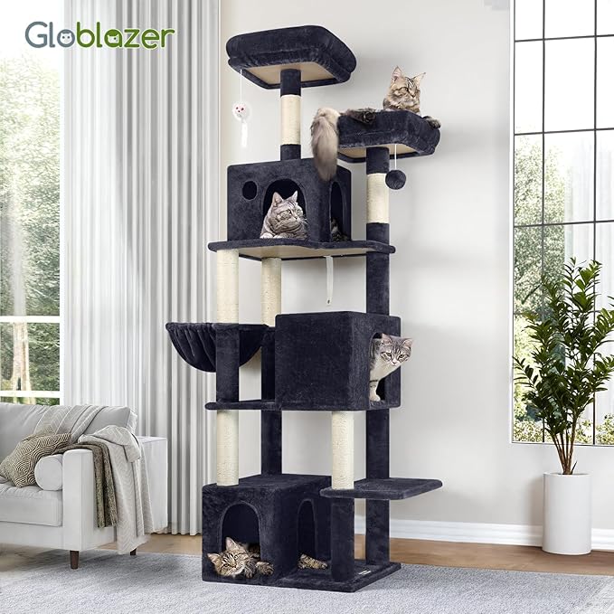 Globlazer Cat Tree Tall, 71 inches Cat Tower for Indoor Adult Cats Multi-Level 3 Condos for Indoor Cats XL Cat Tree Tower with Scratching Posts, Soft Extra Large Hanging Basket, F71, Dark Gray