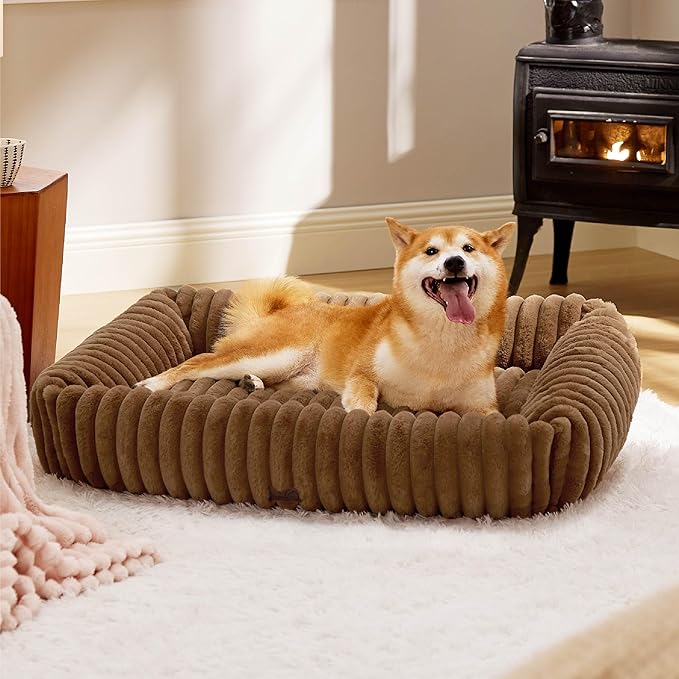 Bedsure Washable Dog Bed for Medium Dogs - Cute Furry Puppy Beds, Rectangle Orthopedic Corduroy Fleece Pet Beds with Removable Zipper Cover, 30x24x8inches, Camel Brown