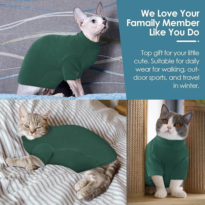 SUNFURA Turtleneck Sweater for Cat, Sphynx Hairless Cats Shirt Sweaters with Sleeves, Warm and Soft Kitten Pullover Fleece Winter Pajamas Jumpsuit for Puppy, Green XL
