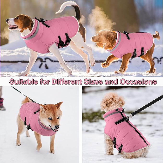 Dogcheer Dog Coat with Harness, Waterproof Dog Jacket Adjustable Winter Coat with Zipper, Christmas Puppy Snow Jacket Fleece Sweater for Small Medium Large Dogs - Light Pink M