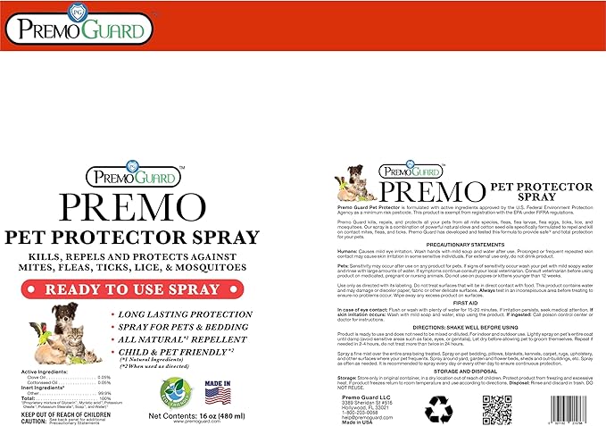 Premo Guard Pet Protector Spray - 16 oz - Kills Mites, Fleas, Ticks, & Mosquitoes - for Dogs, Cats, & Home - Natural Plant Based Oils for Control, Prevention & Treatment - Family Safe