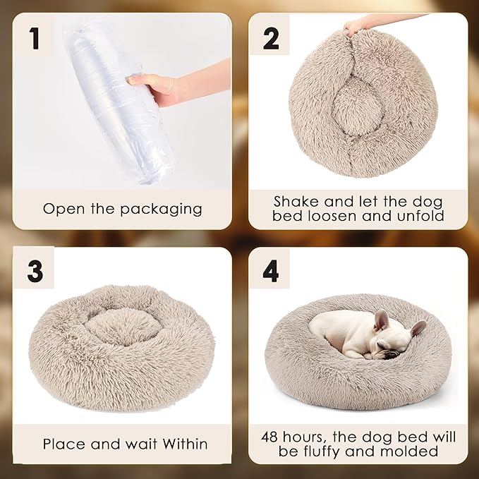 Hoewina Dog & Cat Bed, 20in Cat Beds for Indoor Cats, Calming Donut Bed for Puppy and Kitten, Washable Round Fluffy Pet Bed for Small Medium Dogs and Cats (Brown)