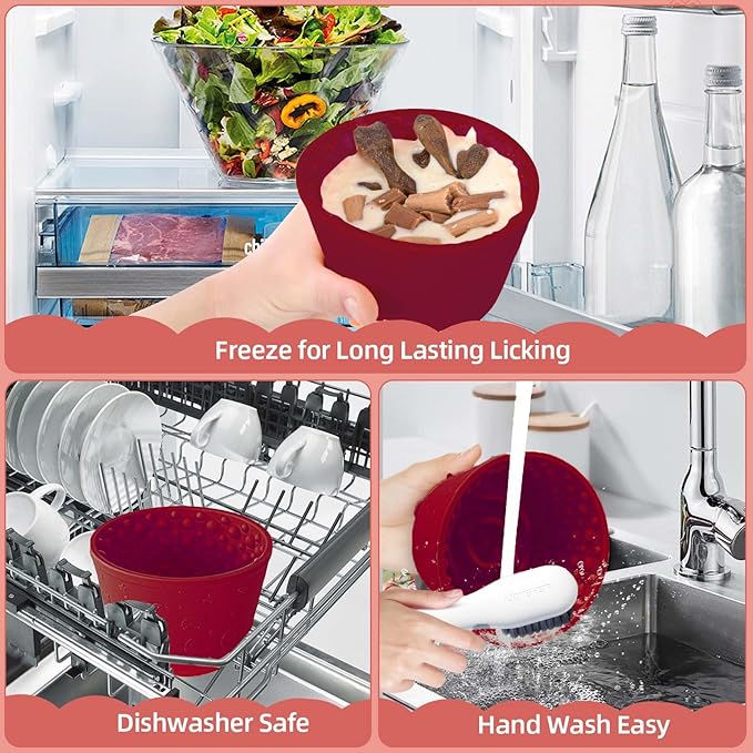 Dog Slow Feeder Lick Bowl, Non-Slip Dog Licking Treat Dispenser, Slow Feeder Bowls for Small Medium Large Breed Dogs, Anxiety Relief & Anti-Choking, BPA Free Silicone (Claret, 1.6 Cup)