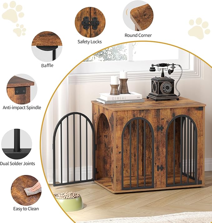 26.8'' Wooden Dog Crate Furniture, Indoor Dog Kennel Dogs Cage for Small Dogs, Heavy Duty Dog Crates Decorative Pet House End Side Table TV Stand, Rustic Brown DFC85501B